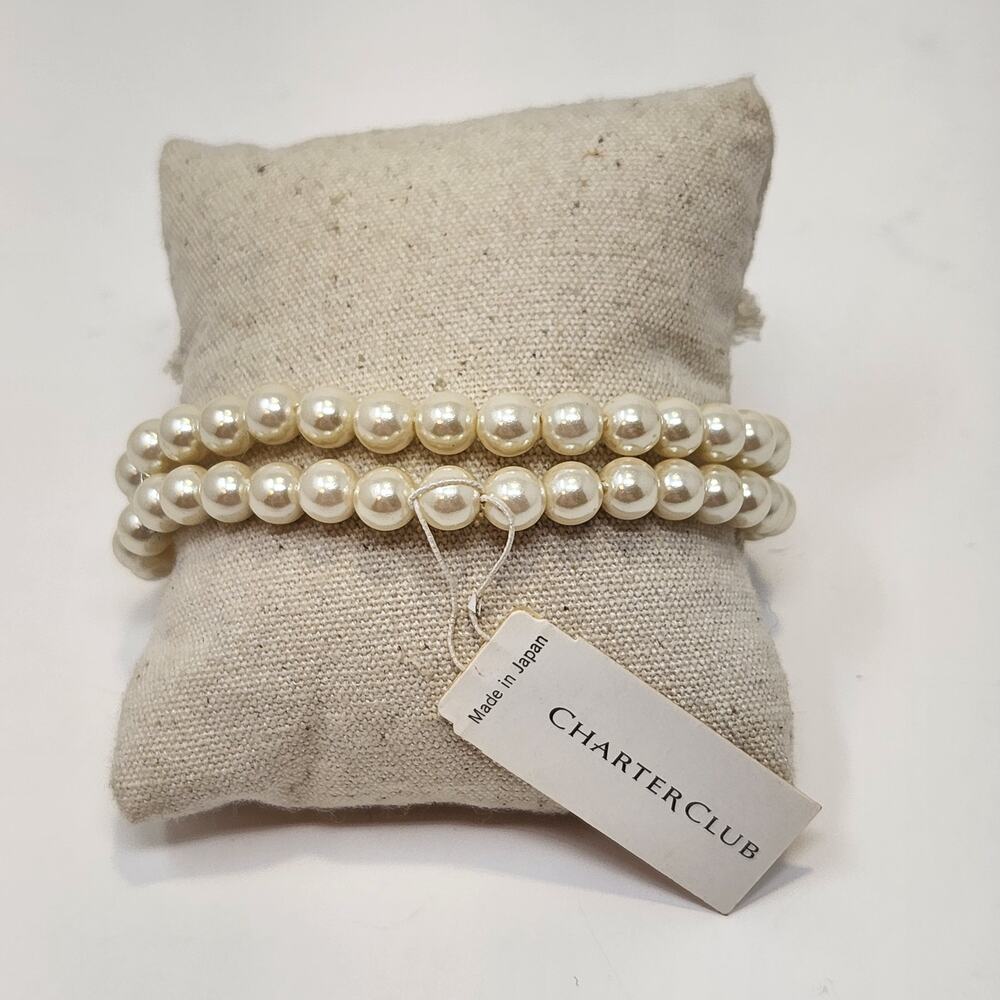 Charter Club Faux Pearl Cream Double Strand Stretch Bracelet Classic Jewelry New